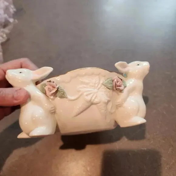 Easter Bunny With Pink Roses Gold Edged Bowl Candy Dish Flower Pot Decor - Picture 2 of 5